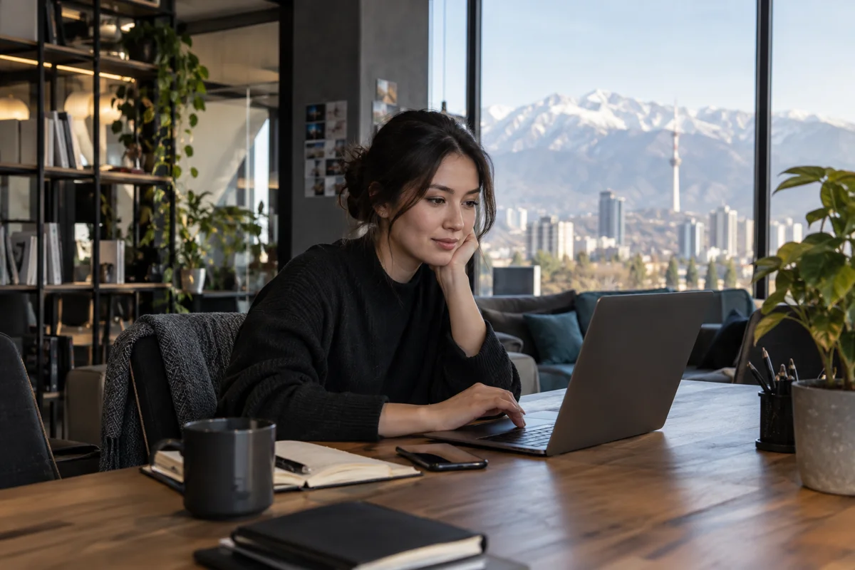 A tech professional working at a laptop in an Almaty coworking space
