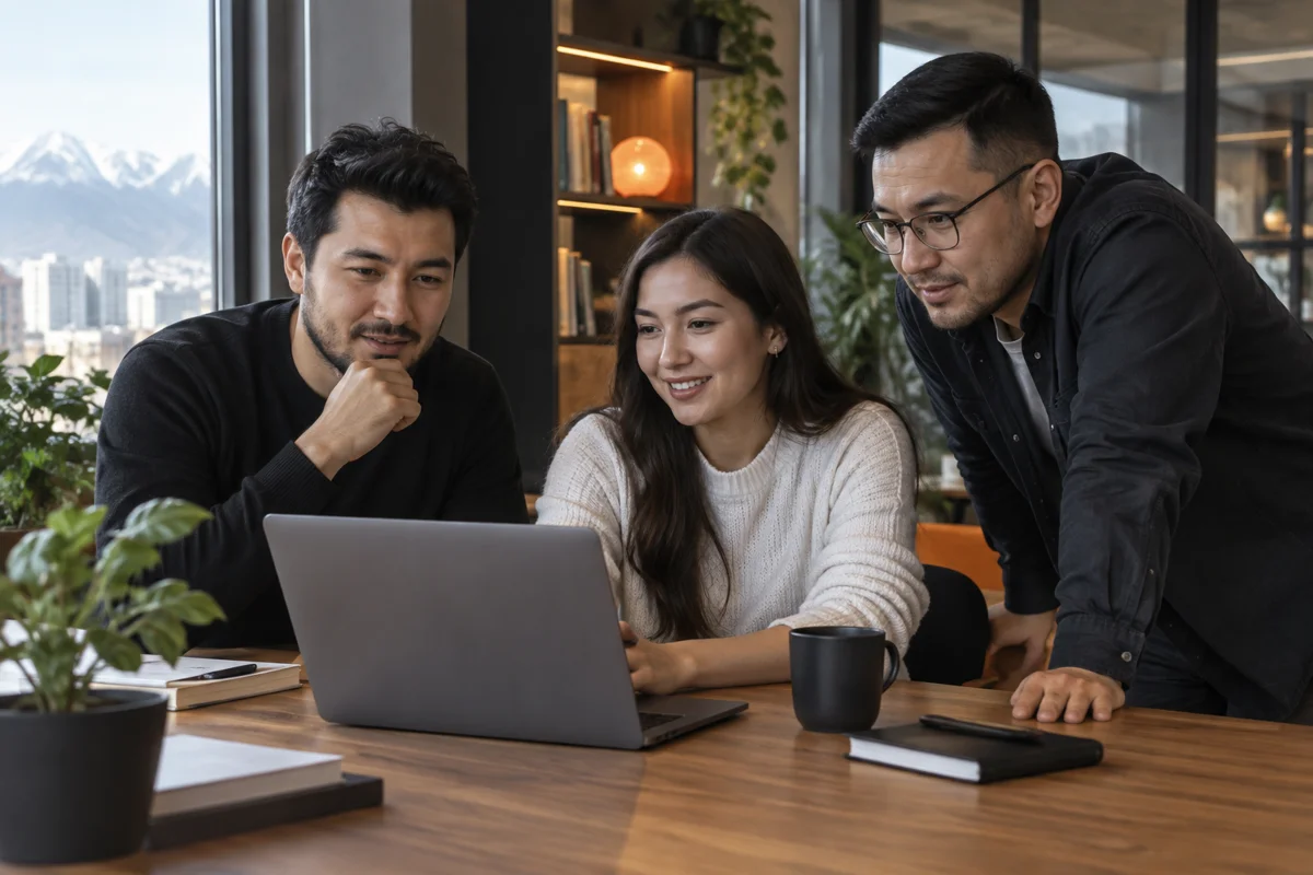 A technology team collaborating around a laptop
